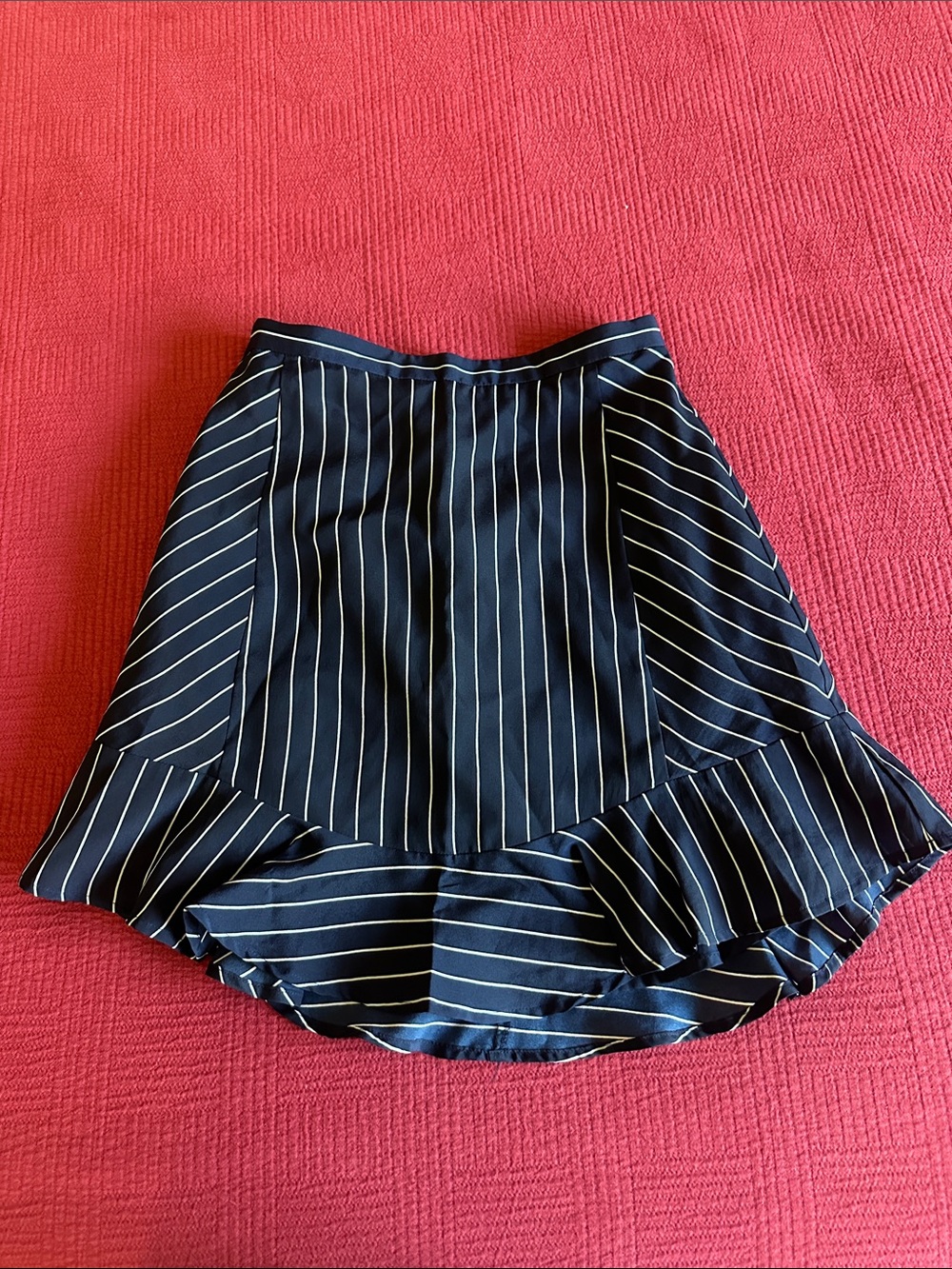 J. Crew Navy Pinstripe High-Low Ruffle Skirt